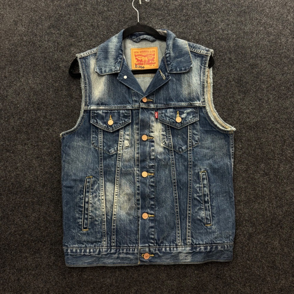 Levis Type 3 Denim Trucker Vest Mens Medium Fade Distressed Blue Cut Off Sleeves